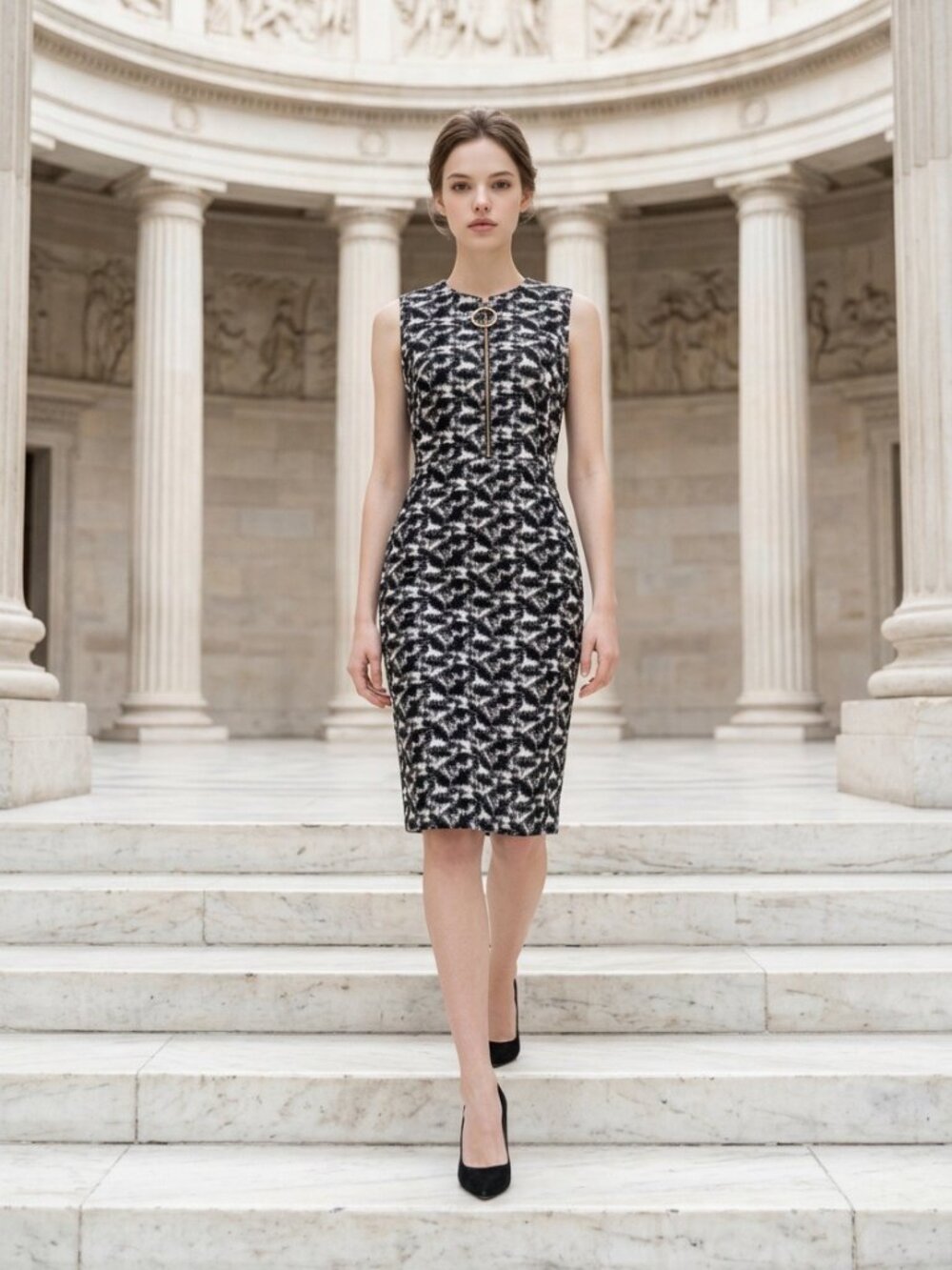 NWT Calvin Klein Black White Sheath Dress Gold Zip Size 6
